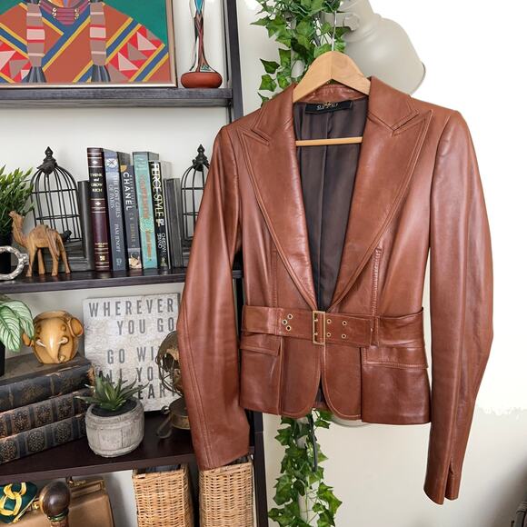GUCCI 100% Leather Blazer Jacket Belted Cognac Brown Tan Camel IT 40/US S $5300 - Picture 2 of 9